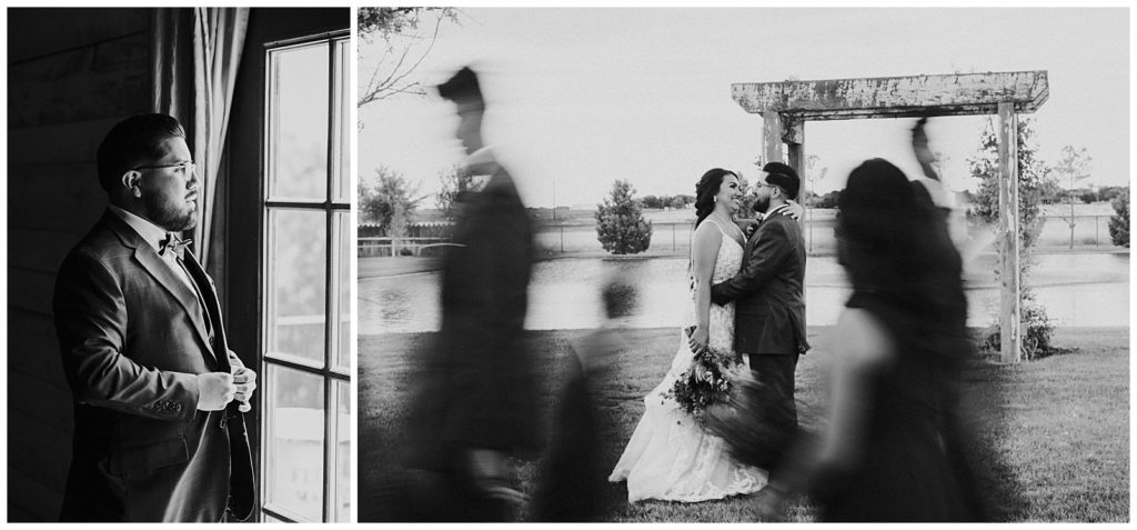 dramatic black and white photo of wedding party