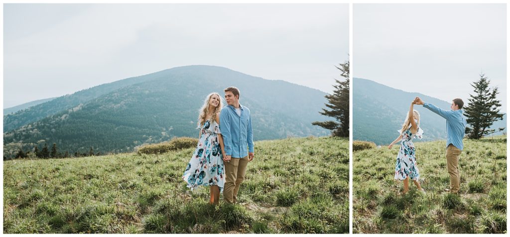 romantic dancing couple in the mountains