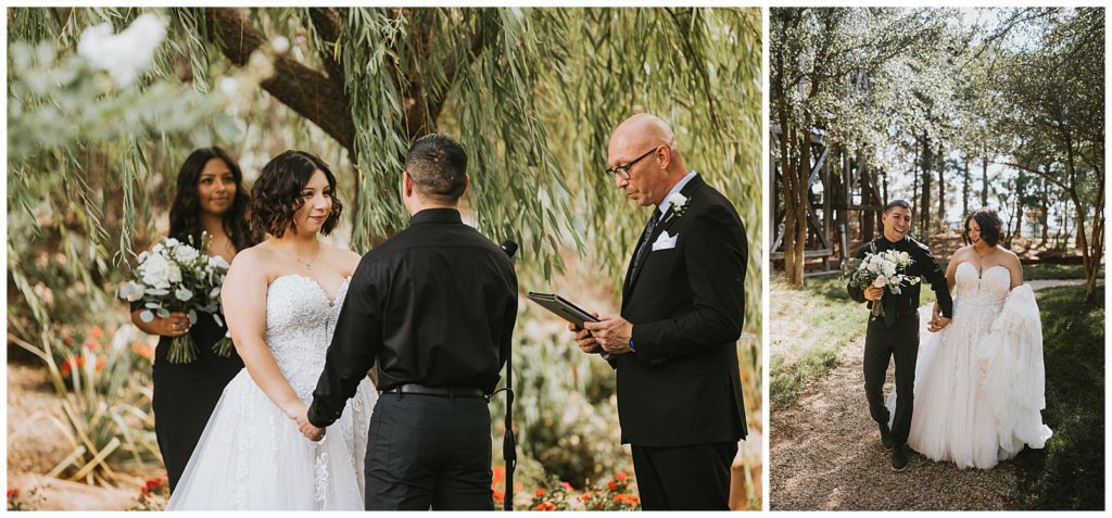 wedding couple getting married in a garden venue of willows