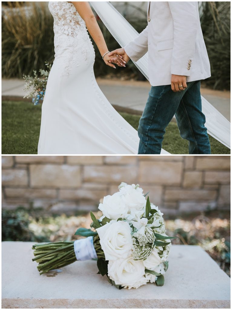 bride and groom holding hands at a wedding venue