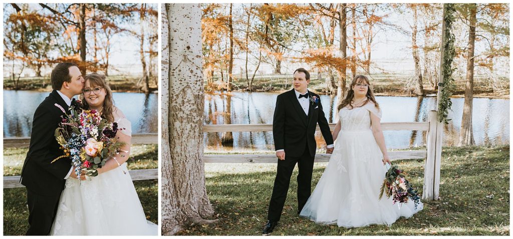 bride and groom portraits in front of a river