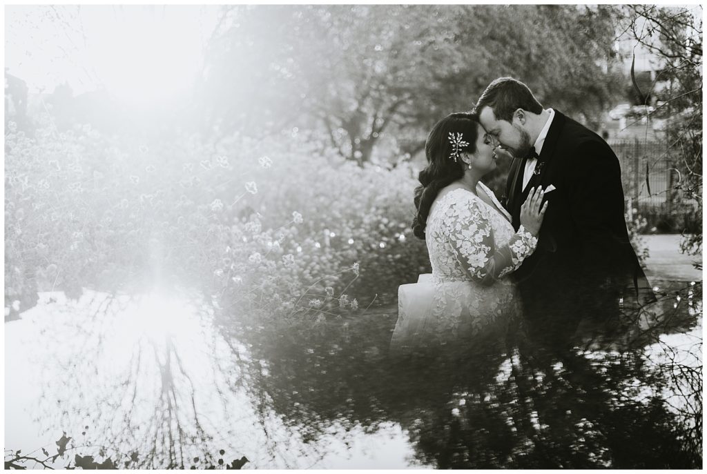 black and white bridal photo at amarillo botanical gardens