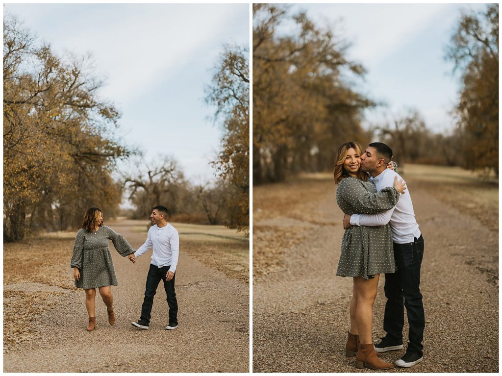 engaged couple enjoying a walk during their lubbock texas engagement session